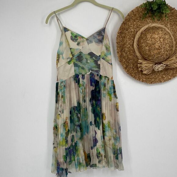 JACK Monique Floral Spaghetti Strap Pleated Slip Dress Cream Purple Green Small - Picture 3 of 16